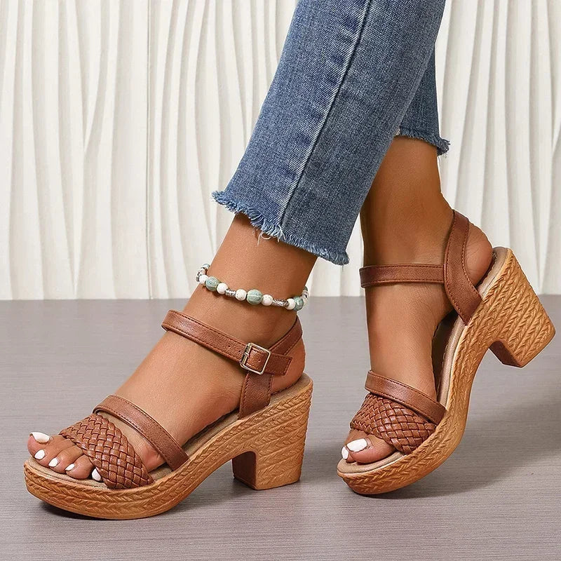 Womens Weave High Heels Sandals 2024 Summer Thick Platform Roman Sandals Woman Ankle Straps Vacation Leisure Beach Shoes